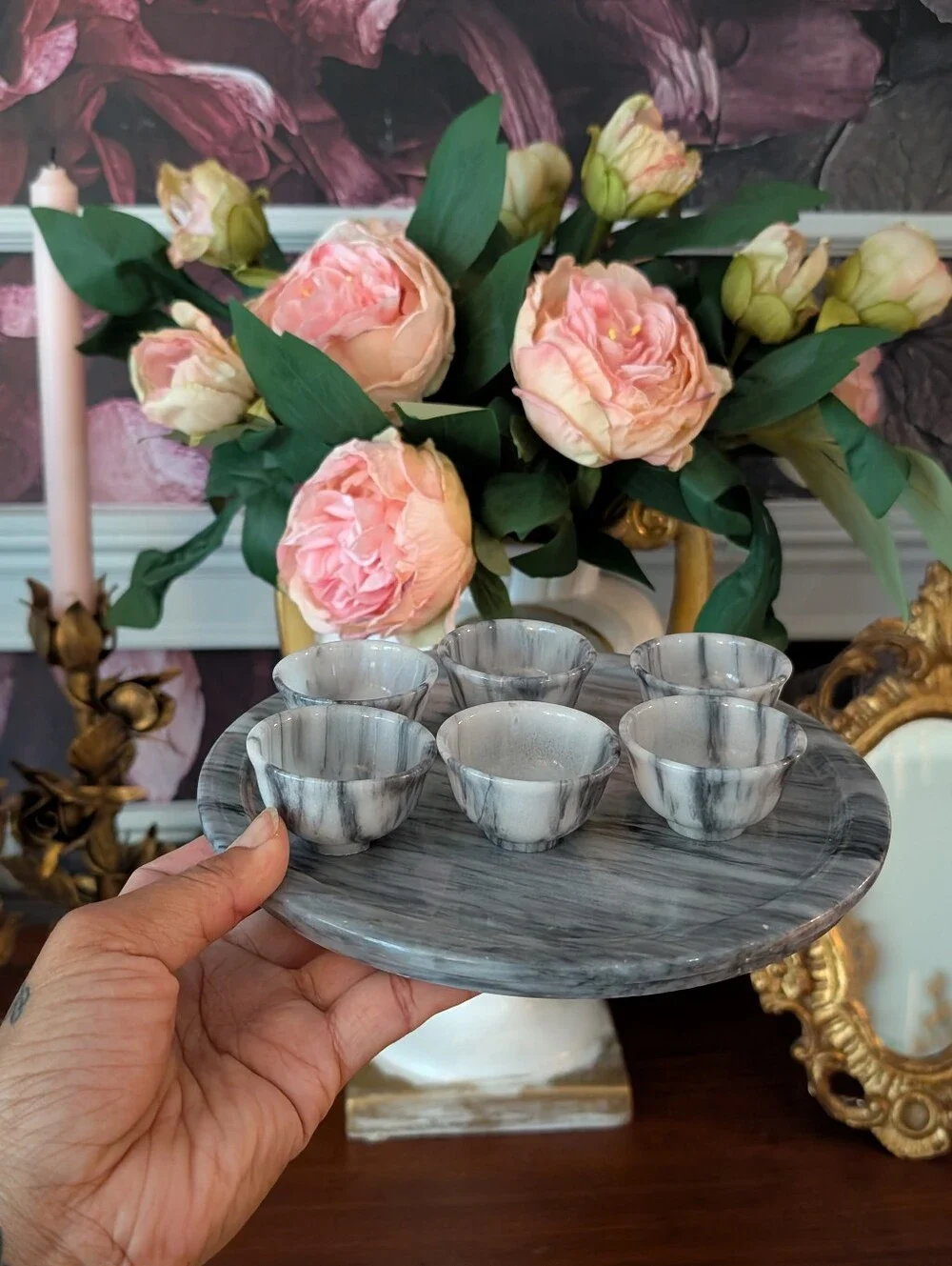Seven-piece marble gray white condiment and serving set 8